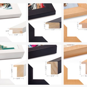 May include: A collection of flat and box wood frames in white, black, and natural wood finishes. The flat frames measure 0.75 inches by 1.125 inches, while the box frames measure 1.375 inches by 0.75 inches, as indicated by visible measurements.