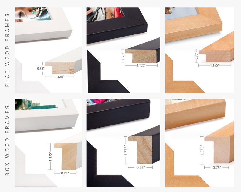 May include: A collection of flat and box wood frames in white, black, and natural wood finishes. The flat frames measure 0.75 inches by 1.125 inches, while the box frames measure 1.375 inches by 0.75 inches, as indicated by visible measurements.