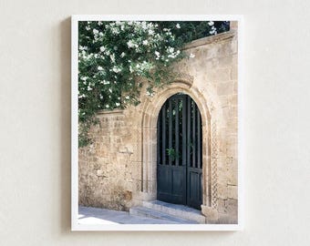 May include: A framed wall art print featuring a dark green arched door set within a textured beige stone wall. A lush green bush with small white flowers hangs over the top of the stone archway, casting soft shadows across the masonry.