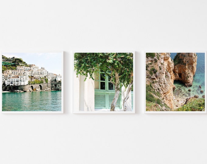 Mint Green Square Wall Art Set - 3 Teal and Aqua Photography Prints - Amalfi Coast Photo - Algarve Print - Brazil Travel Photography