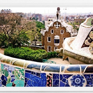 Parc Guell Photography, Serpentine Mosaic Tile Bench, Barcelona Spain Travel Print, Gaudi Spanish Architecture, Mediterranean Home Decor image 7