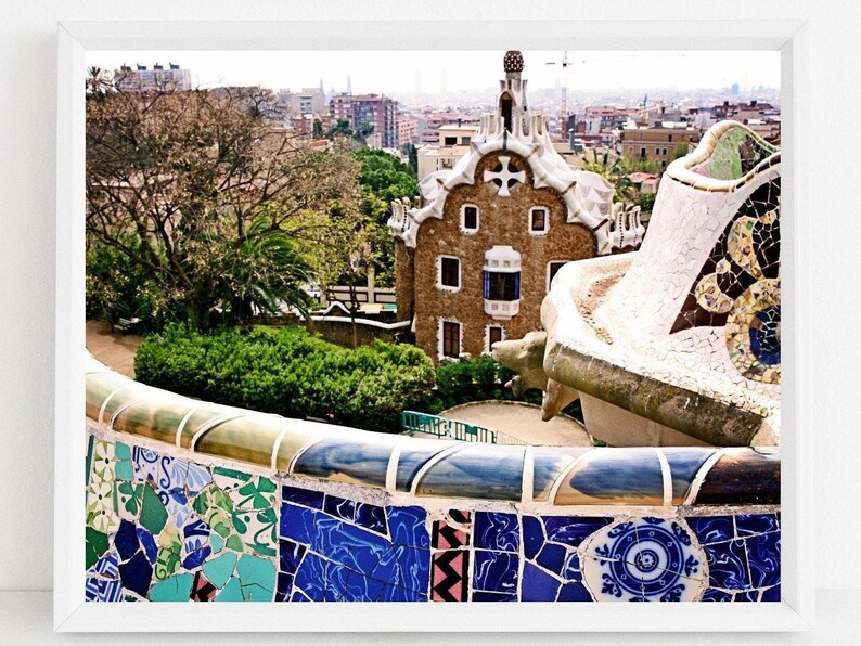 Parc Guell Photography, Serpentine Mosaic Tile Bench, Barcelona Spain Travel Print, Gaudi Spanish Architecture, Mediterranean Home Decor image 7