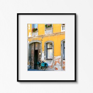 Hungarian Art, Yellow Wall Art, Bicycle Print, Sopron Hungary Photograph, Rustic European Decor, Large Wall Art, Old Door and Window Photo image 1