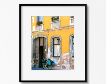 Hungarian Art, Yellow Wall Art, Bicycle Print, Sopron Hungary Photograph, Rustic European Decor, Large Wall Art, Old Door and Window Photo