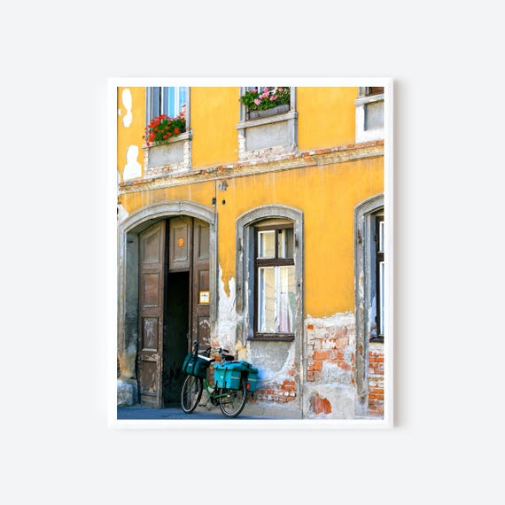Hungarian Wall Art, Yellow Art Print, Bicycle Photo, Sopron Hungary Photograph, Rustic European Decor, Old Door and Window Photo