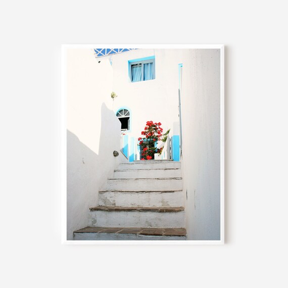 Santorini Greece, Pictures of Santorini, Greece Photography, Greek Island Photo, White and Turquoise Wall Art, Mediterranean Decor, Stairs