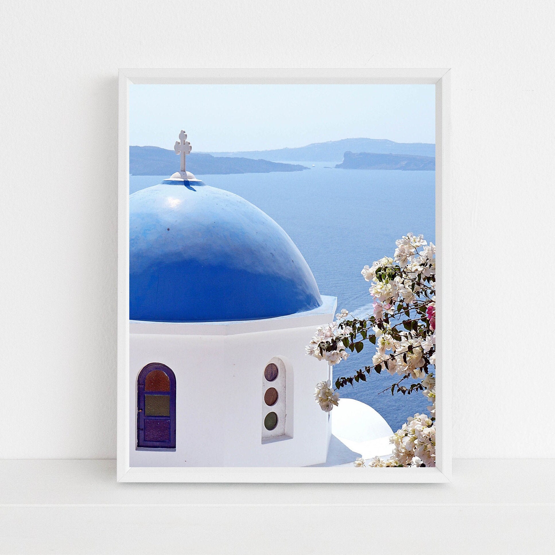 Santorini Photography Greek Travel Print Blue Domed Church Photo Greece Wall Art Lustre Metallic Or Glossy Finish Custom Sizes