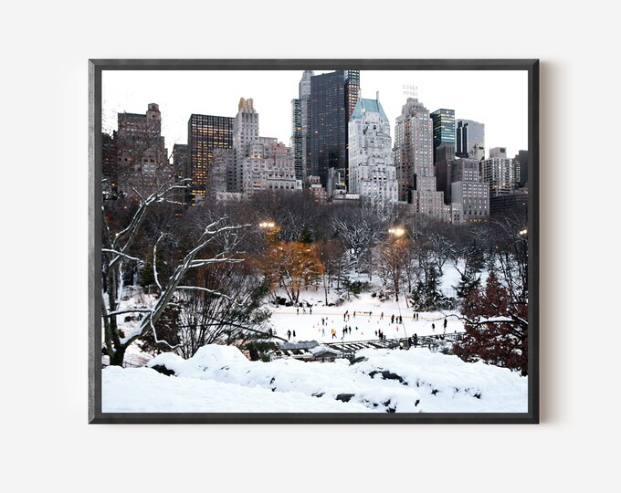 New York City Winter Print, Central Park Ice Skating, Wollman Rink Photograph,  NYC Photo, Winter in NY, City Snow Scene, Manhattan Wall Art