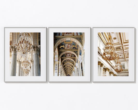 Hermitage 3 Print Set - Saint Petersburg Russia Wall Art - Architecture and Chandelier Photographs - Three Gold Pictures - Russian Photos
