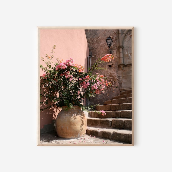 Sicily Wall Art, Pink Flowers Print, Italy Photography, Peach Decor, Sicily Photo, Italy Travel Print, Mediterranean Art, Italian Floral