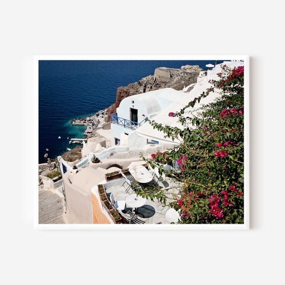 Santorini Wall Art, Greece Photography, Greek Island Print, Cobalt Blue White and Pink Print, Mediterranean Decor, Romantic Engagement Gift