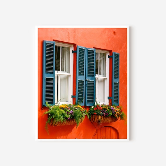 Charleston SC Print, Coral and Teal Art,  Southern Home Decor, Window Box Flower Photograph, South Carolina Photo,  Bright Color Wall Art