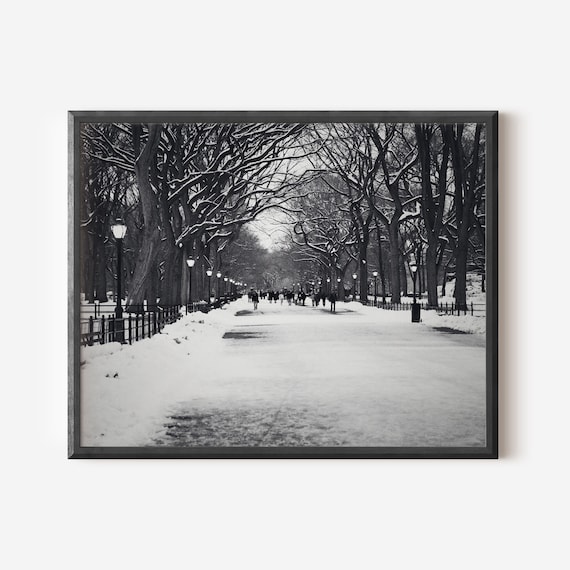 New York City Winter Print, Black and White Photography, Literary Walk Picture, Central Park Snow Photo, Winter Wall Art, Urban Landscape