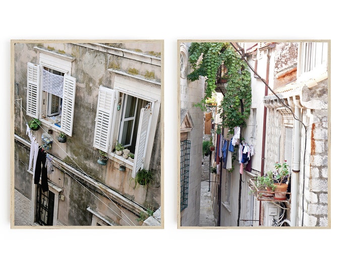 Grey Laundry Room Photography Two Print Set - 2 Dubrovnik Croatia Vertical Photographs - Gray and White Clothesline Pictures - Travel Photos