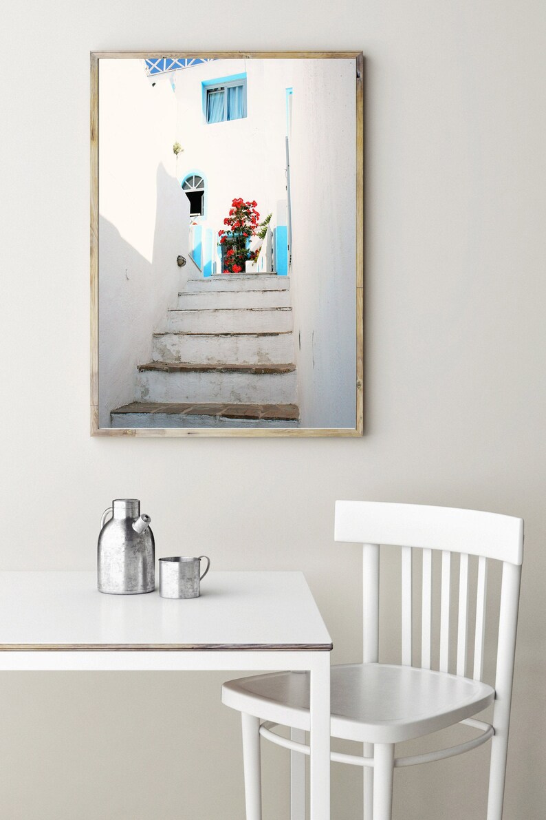 Santorini Greece, Pictures of Santorini, Greece Photography, Greek Island Photo, White and Turquoise Wall Art, Mediterranean Decor, Stairs image 5