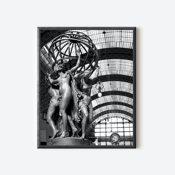 Musee D'Orsay Print, Black and White Paris Photography, Four Parts of the World Holding Celestial Sphere Photograph, Paris France Museum Art