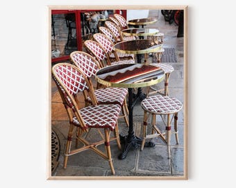 Paris Cafe Art Print, Red Bistro Chairs, French Kitchen Decor