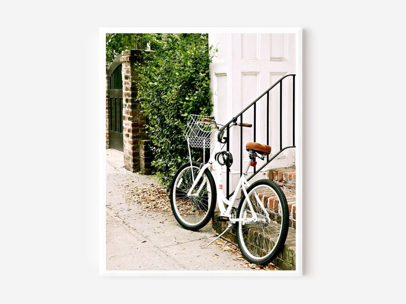 Bicycle Print, Charleston SC Photography, Charleston Bike Picture, Cycling Wall Art, Green White and Black Art, Available Matted or Framed image 1