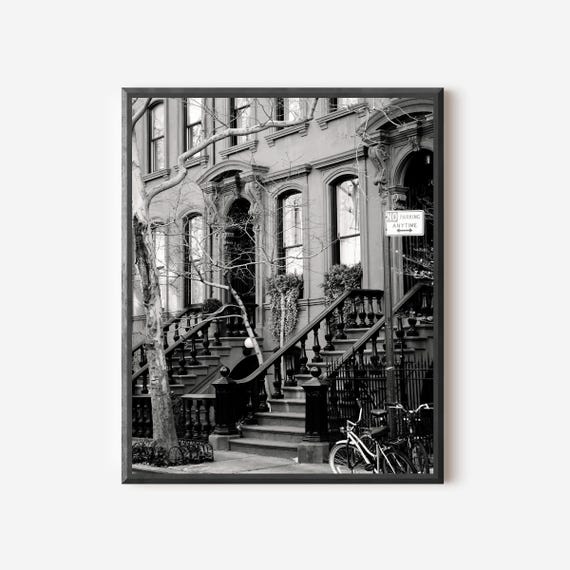 Black and White New York City Photography Print of Brownstones from Streets of West Village