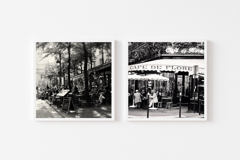 Black and White Paris Travel Photography French Restaurant Photos Set of Two Paris Cafe Square Prints