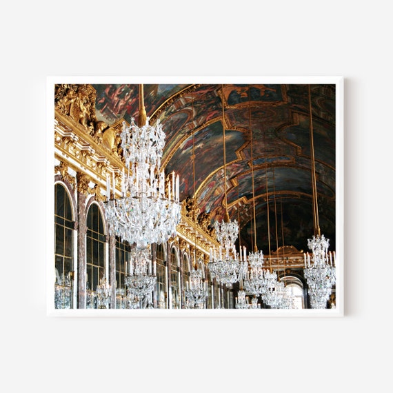 Hall of Mirrors Photography Print, Versailles Palace Wall Art, French Luxury Decor, Elegant Crystal Chandelier Photo