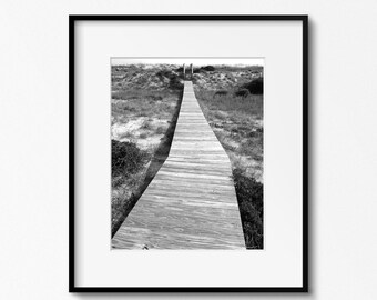 Bald Head Island Boardwalk Print, Black and White Beach Photography