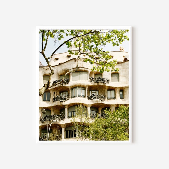 Barcelona Photography, Casa Mila, Barcelona Spain, Gaudi House Print,  La Pedrera, Spanish Architecture Photography, Beige Lime Green Art