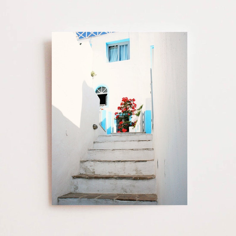 Santorini Greece, Pictures of Santorini, Greece Photography, Greek Island Photo, White and Turquoise Wall Art, Mediterranean Decor, Stairs image 3