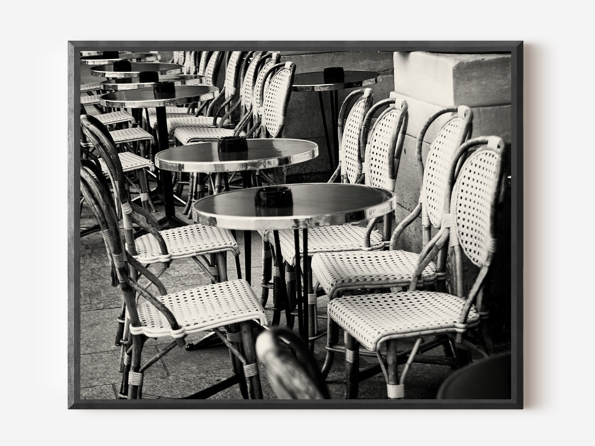 French Bistro Table Print, Black and White Paris Photography, French