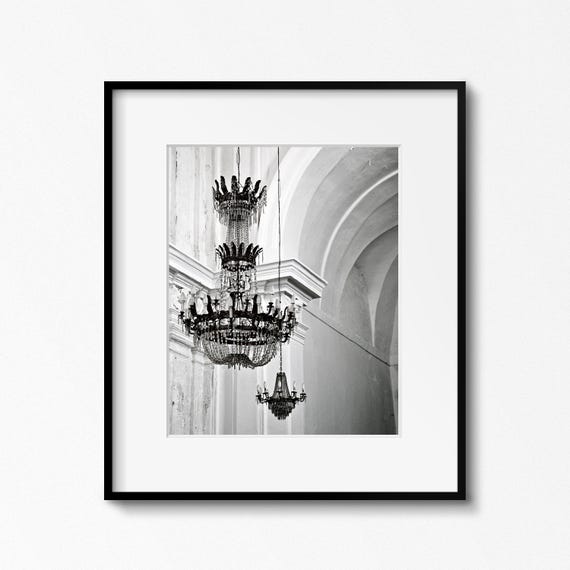 Black and White Chandelier Print, Sicily Italy Photography, Italian Wall Art, Sicilian Home Decor, Gothic Church Photo, Travel Photograph