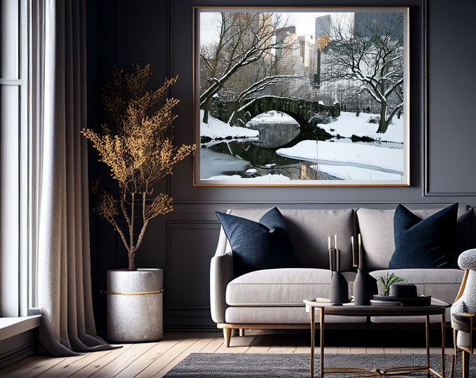 Winter in New York City Photography Print - Snowy Central Park Photo - Cozy Holiday Wall Art - Bridge and NYC Buildings Picture