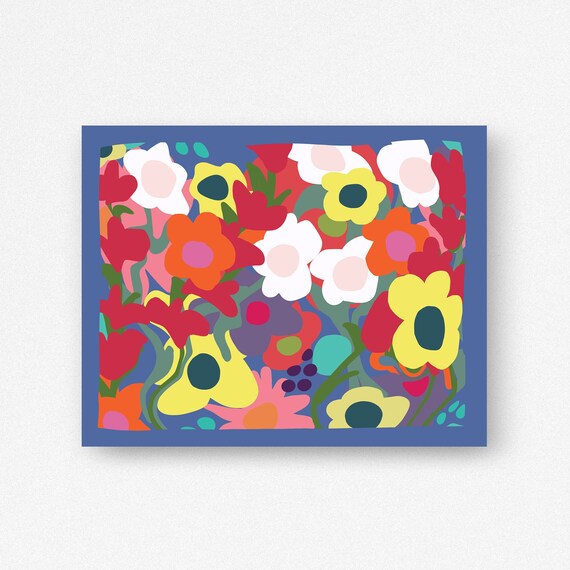 Whimsical Abstract Flower Print - Bright Colors Wall Art - Happy Vibrant Floral Picture - Yellow Red Pink Blue Available Framed or Matted