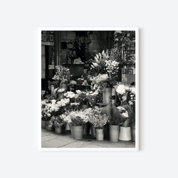 Paris Flower Shop Photography Print, Black and White Paris Wall Art, French Market Picture, Parisian Decor, Elegant Vintage Style
