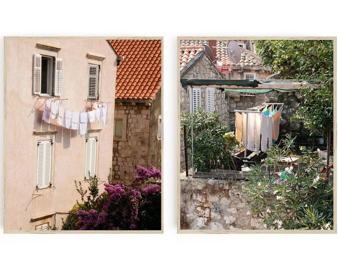 Laundry Room Wall Art Print Set - Two Vertical Clothesline Photographs - Dubrovnik Croatia Travel Photography - 2 Laundry Photos