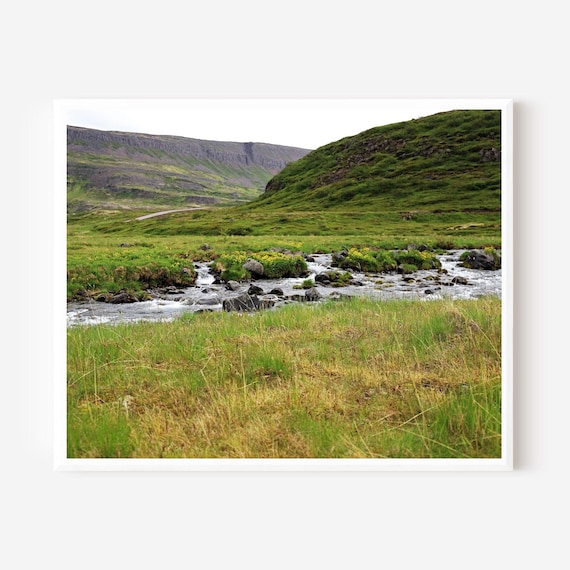 Iceland Landscape Photography Print, Westfjords Nature Wall Art, Green Valley and River Scene, Nordic Travel Decor