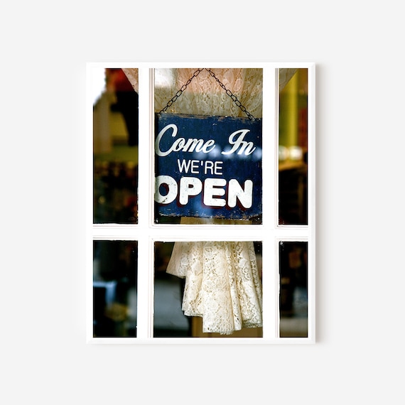 Open Sign Print, Magnolia Bakery Photo, NYC Photography Print, Navy Blue and White Print, Shop Decor, Welcome Photo, Frame and Mat Option
