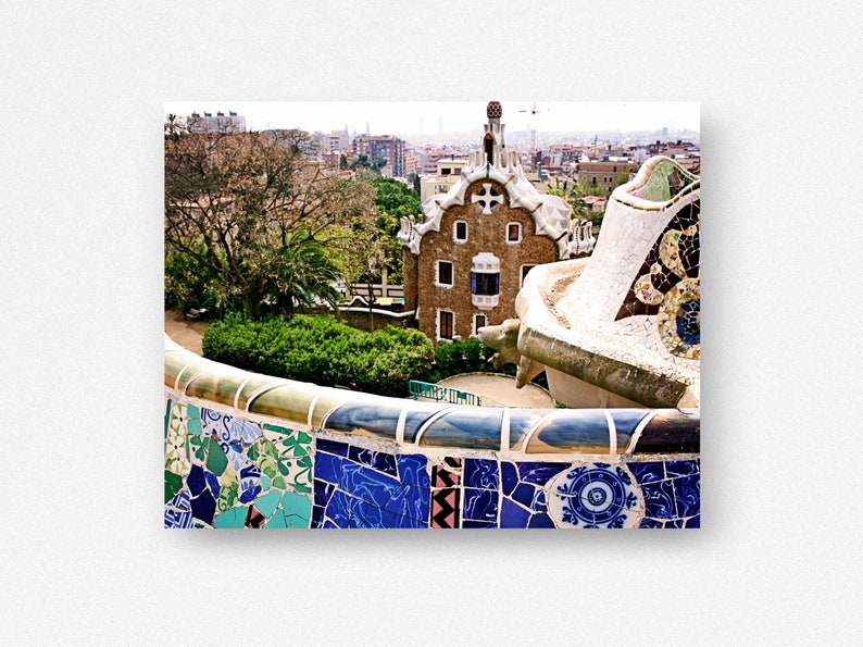 Parc Guell Photography, Serpentine Mosaic Tile Bench, Barcelona Spain Travel Print, Gaudi Spanish Architecture, Mediterranean Home Decor image 3