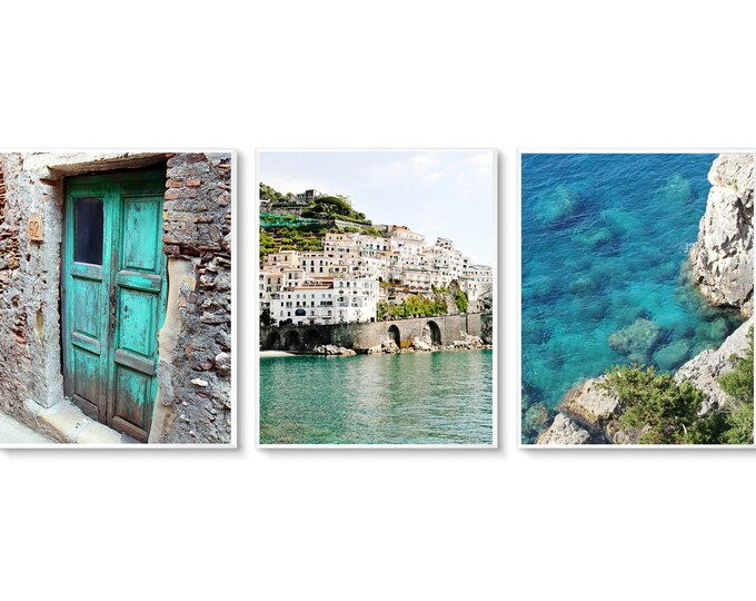 Turquoise Photography Print Set of Three Photographs - Rustic Mediterranean Aqua Wall Art - Sicily Italy Amalfi Coast Corfu Greece Pictures