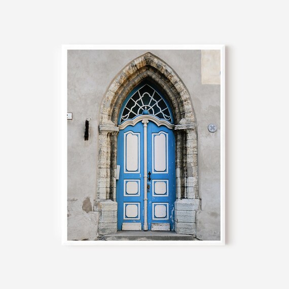 Blue Door Print, Tallinn Estonia Photography, Estonian Wall Art, Gothic Door Photograph, Medieval Architecture Print, Blue and Gray Art