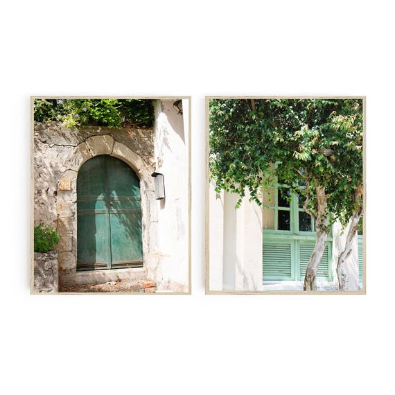 Teal Green Photography Print Set - 2 Door and Window Vertical Photographs - Mint Wall Art - Two Travel Photos - Leafy Tree Pictures
