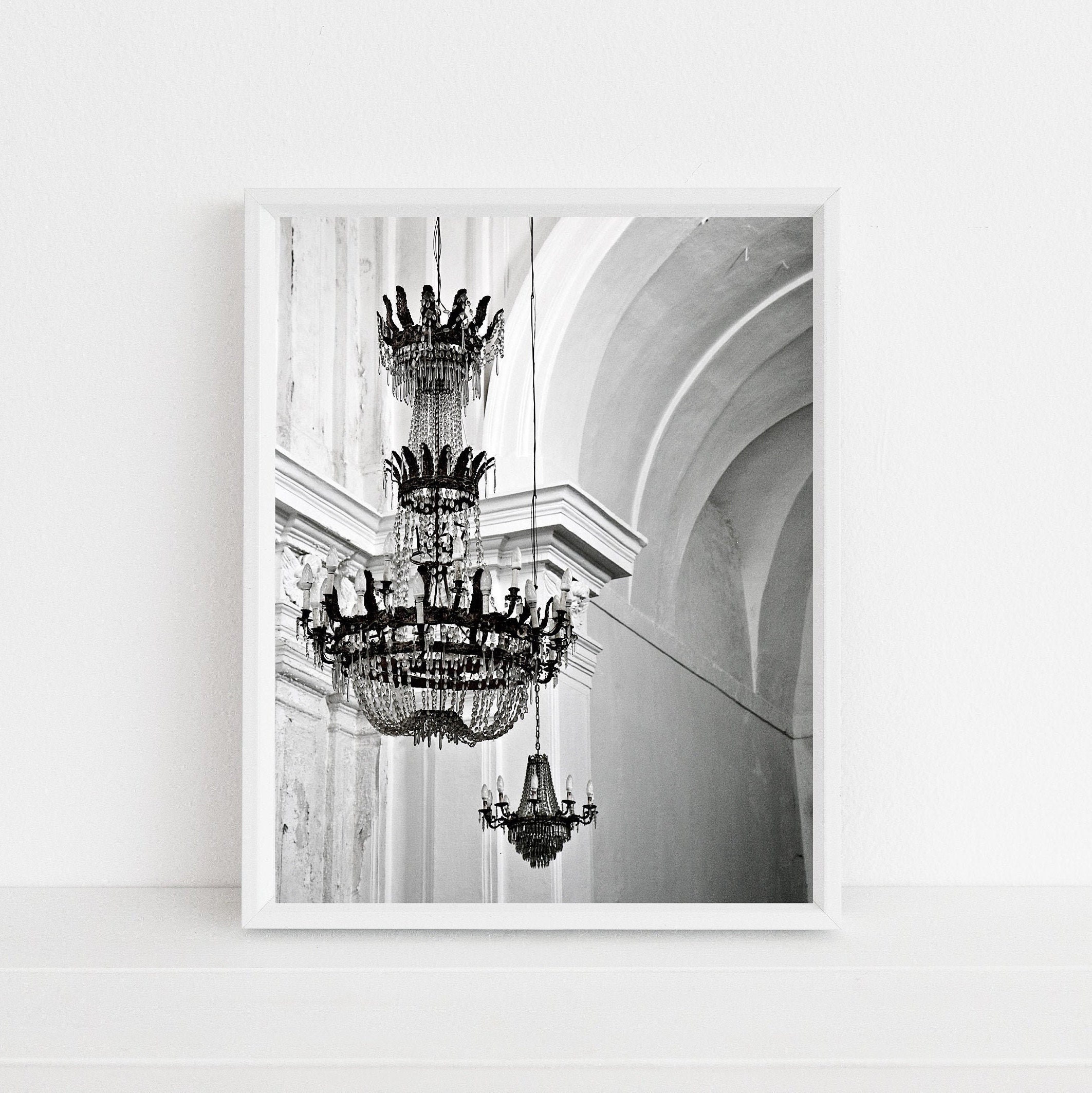 Black and White Chandelier Photography Print - Sicily Italy Wall Art