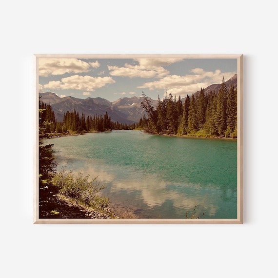 Mountain Lake Photography, Banff Canada Print, Woodland Wall Art, Vintage Inspired Landscape, Lake Home Decor, Pine Tree Photo, Canadian Art