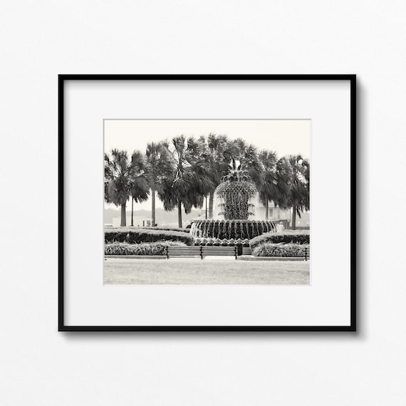 Charleston Pineapple Fountain Print - Black and White South Carolina Photography - Southern Home Decor - Waterfront Park Photo - Palm Trees