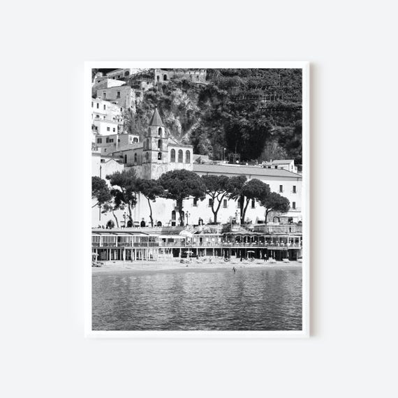 Amalfi Coast Photography Print, Black and White Italian Beach Art