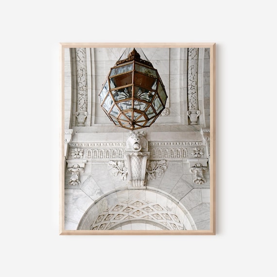 New York Public Library Ceiling Print, Beaux Arts Architecture Wall Art, NYC Chandelier Photography