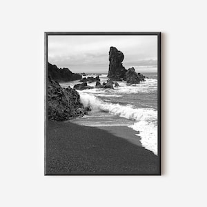 Black and White Iceland Photography, Black Sand Beach Photo, Icelandic Seascape, Djupalonssandur Beach Print, Iceland Travel Gift