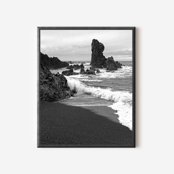 Iceland Black Sand Beach Photography Print, Djúpalónssandur Seascape in Black & White