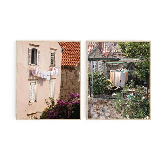 Laundry Room Wall Art Print Set - Two Vertical Clothesline Photographs - Dubrovnik Croatia Travel Photography - 2 Laundry Photos