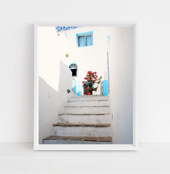 Santorini Greece Photograph White and Turquoise | Etsy