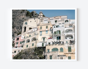Amalfi Coast Wall Art, Italian Coastal Village Print, Mediterranean Architecture Photography, Pastel Seaside Decor